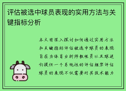 评估被选中球员表现的实用方法与关键指标分析 评估被选中球员表现的实用方法与关键指标分析