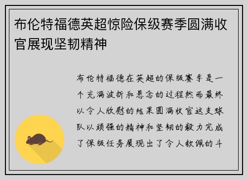 布伦特福德英超惊险保级赛季圆满收官展现坚韧精神
